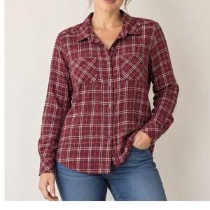 prAna Womens Plaid Flannel Shirt L Hidden Zip Pocket Roll Tab Hiking Travel Fall